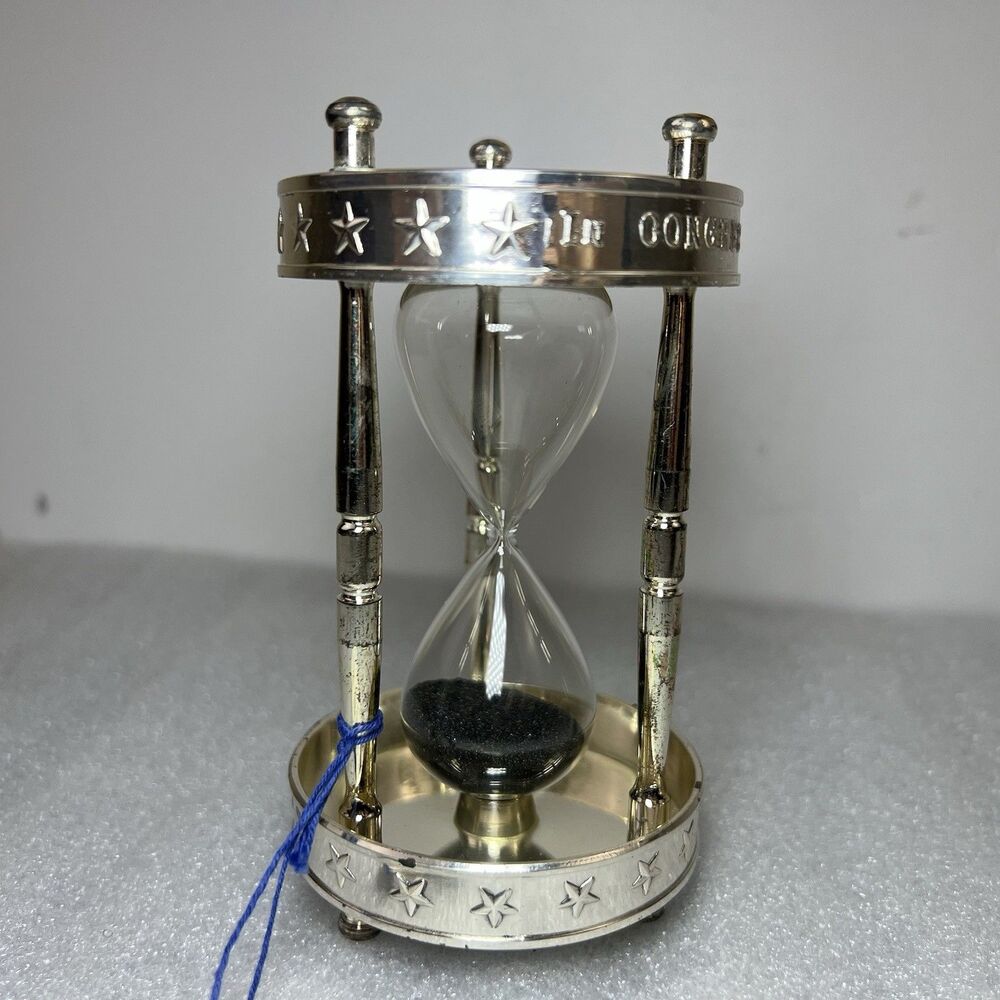 Vtg BICENTENNIAL HOURGLASS Sand Timer Black Sand Silver plated F.B. Rogers New